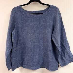 Women's Sigrid Olsen 100% Linen Med boat neck bracelet sleeve royal navy blue